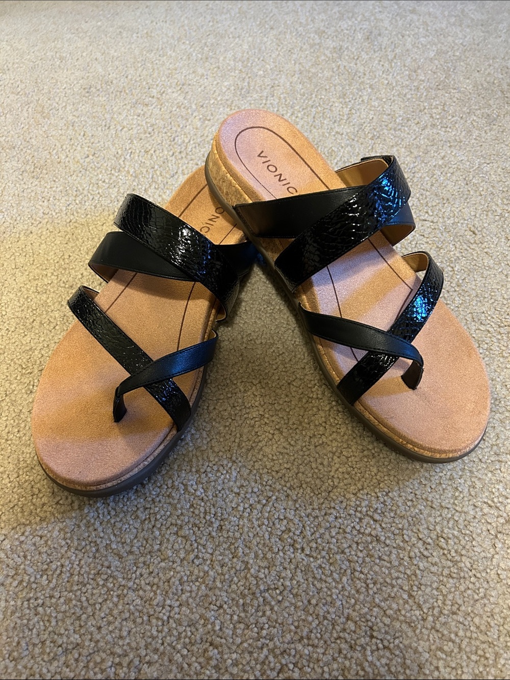 Vionic Black Cross-Strap Slide Sandals